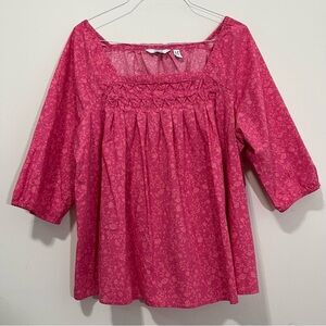 Denim & Co. 3X Floral Pink Square Neck Blouse Top Pleated Cottagecore Peasant